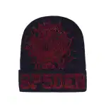 Black beanie with red spider web and "SP5DER" text, stylish winter accessory.