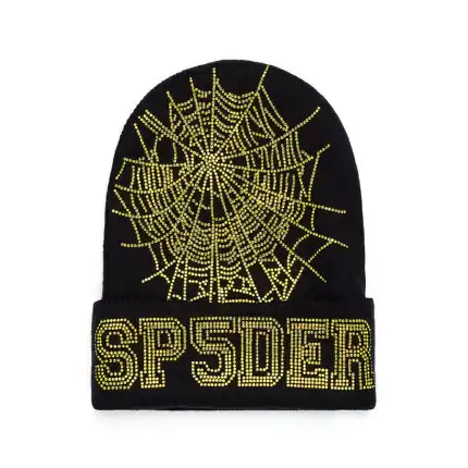 Black beanie with yellow spider web and "SP5DER" rhinestone design, stylish headwear for fans.