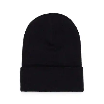Black Sp5derworlwide beanie with web icon design for streetwear style.