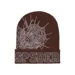 Brown knit beanie with spiderweb and "SP5DER" rhinestone design, stylish winter accessory.
