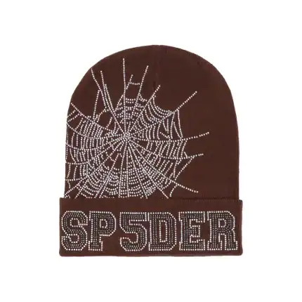 Brown knit beanie with spiderweb and "SP5DER" rhinestone design, stylish winter accessory.