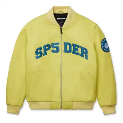 Bright yellow leather bomber jacket with blue logo and patch, stylish streetwear for men and women.