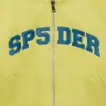 Bright yellow leather bomber jacket with bold blue "SP5DER" logo.