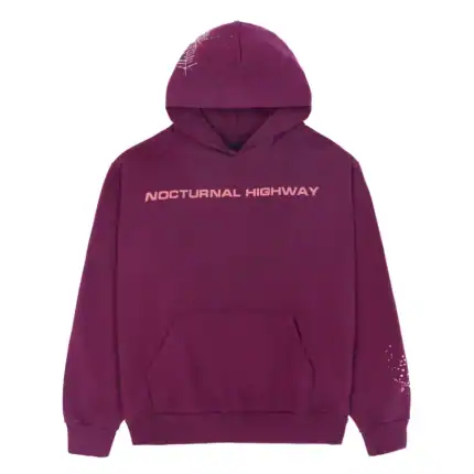 Purple hoodie with "Nocturnal Highway" text and splatter design, casual streetwear style.