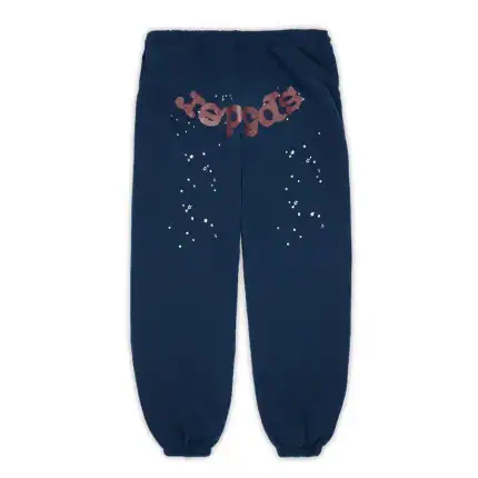 Kids' navy blue sweatpants with "Sp5der" logo and starry design.