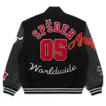 Sp5der District V varsity jacket back view with large SP5DER 05 lettering and Worldwide script embroidery on black varsity jacket