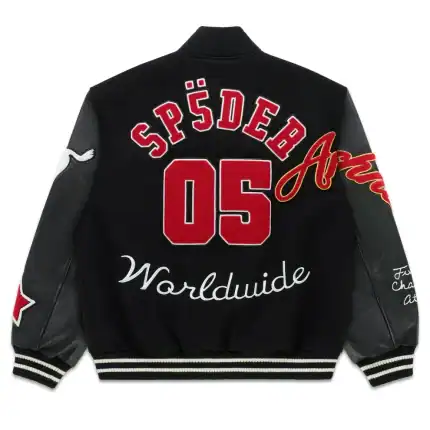 Sp5der District V varsity jacket back view with large SP5DER 05 lettering and Worldwide script embroidery on black varsity jacket