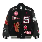 Sp5der District V varsity jacket front view black wool varsity jacket with red chenille patches, Worldwide embroidery and #555 graphics