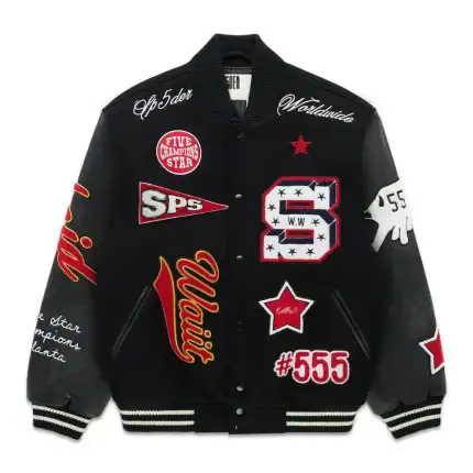 Sp5der District V varsity jacket front view black wool varsity jacket with red chenille patches, Worldwide embroidery and #555 graphics