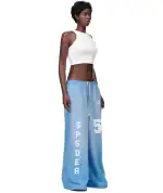 Comfortable blue jumbo sweatpants with white lettering, perfect for casual wear.